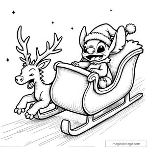 Dessin de Stitch portant un bonnet de Noël, assis dans un traîneau tiré par un renne volant.