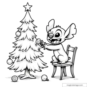 Dessin de Stitch debout sur une chaise, accrochant des boules de Noël sur un sapin festif.