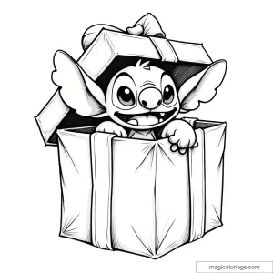 Dessin de Stitch sortant joyeusement d’un grand cadeau de Noël avec un ruban sur la boîte.