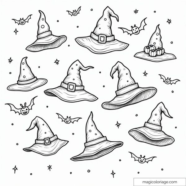 Coloring page of witch hats floating with bats and stars, ideal for a Halloween themed coloring page.