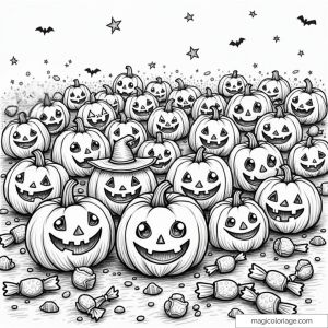Dessin à colorier de citrouilles souriantes entourées de bonbons, parfait pour Halloween et les amateurs de fêtes festives.