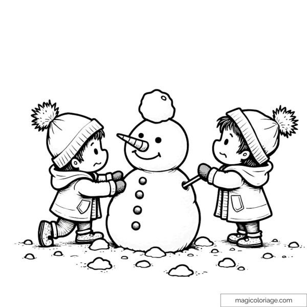 Two children in hats and coats building a snowman with buttons and a carrot nose