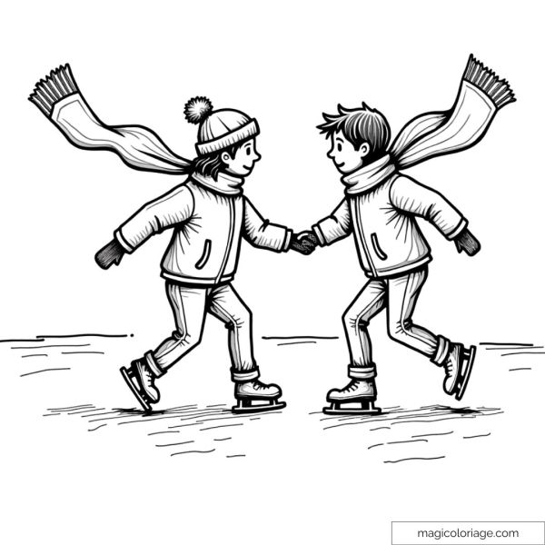 Coloring page of two children skating hand in hand with scarves flying in the wind