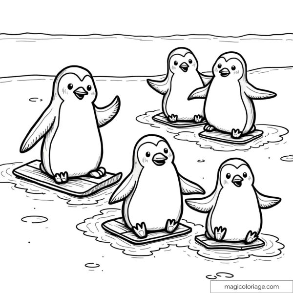 Coloring page of four penguins surfing on ice floes