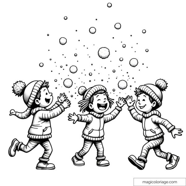 Drawing of three children laughing and playing under snowflakes, to color