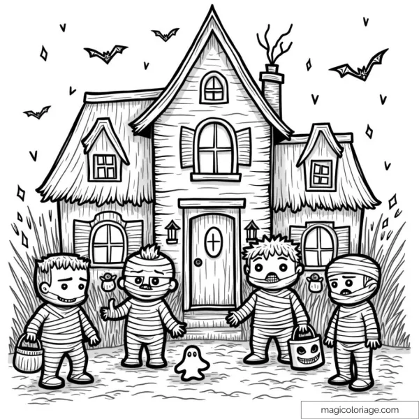 Coloring page of children dressed as mummies in front of a haunted house, surrounded by bats and Halloween decorations, ideal for fun coloring.