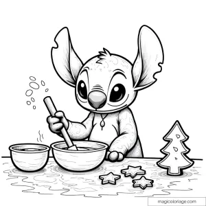 Dessin de Stitch préparant des biscuits de Noël en forme d'étoiles et d'arbre, avec deux bols devant lui.