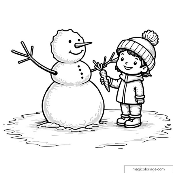 Child adding carrot to snowman's nose with winter scarf and hat