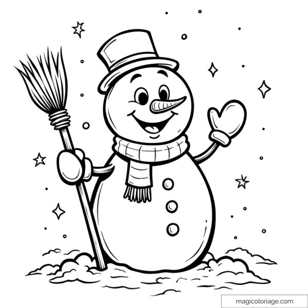 Drawing of a smiling snowman with a hat, scarf and broom, to color