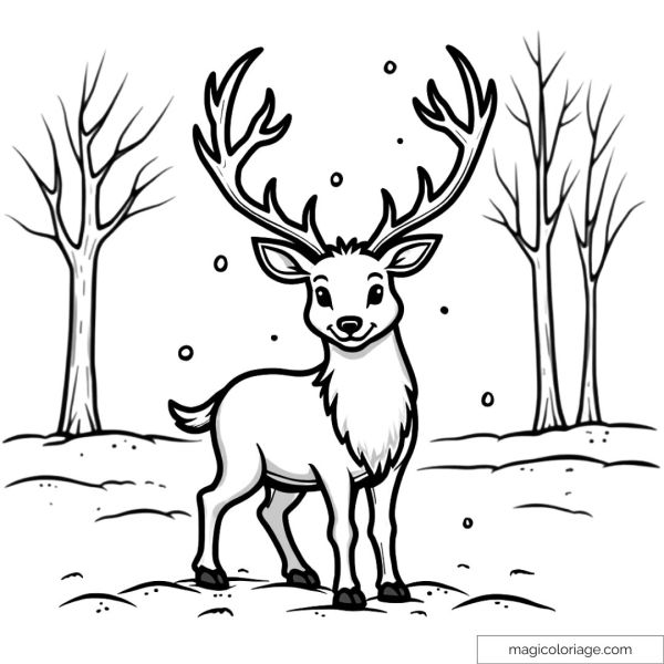 Majestic deer with large antlers standing in a snowy forest surrounded by bare trees