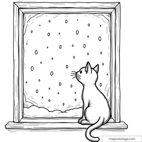 Drawing of a cat watching the snow fall through the window to color
