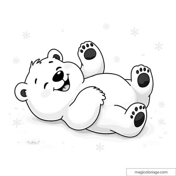 Coloring page of a smiling polar bear cub lying in the snow