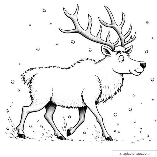 Reindeer walking in the snow, with fluffy fur and large antlers to color