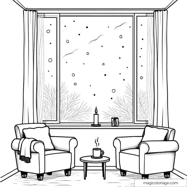 Drawing of a cozy living room with two armchairs, a table and a view of the snow to color