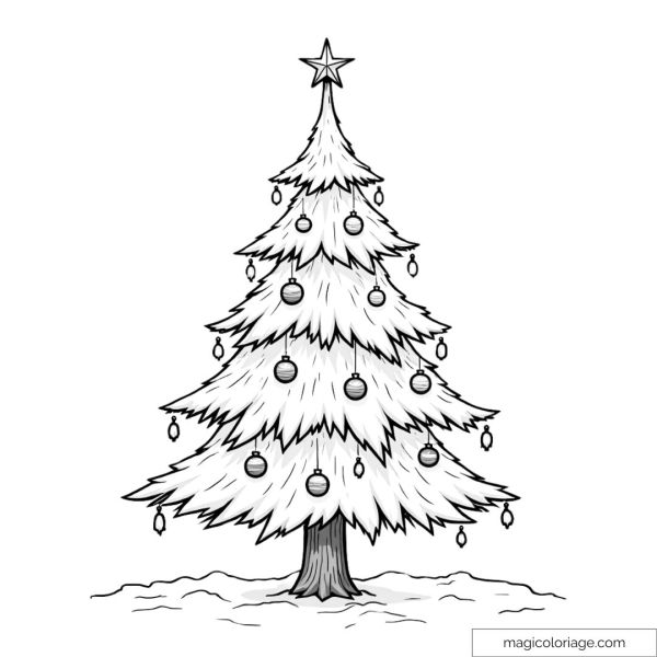 Coloring page of a Christmas tree decorated with balls and a star, placed in the snow