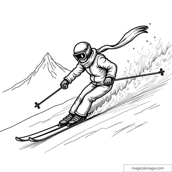 Skier descending a snowy mountain, wearing a helmet and a scarf flying in the wind