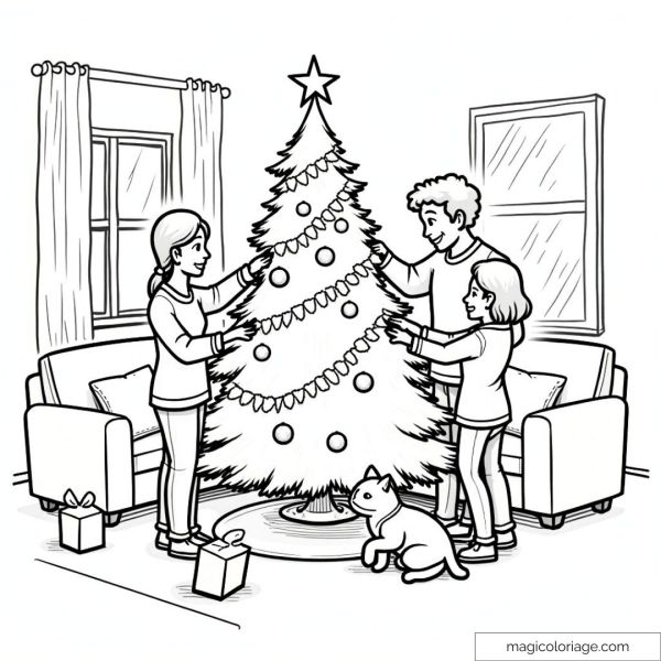 Family decorating a Christmas tree with garlands and baubles, surrounded by gifts and a cat