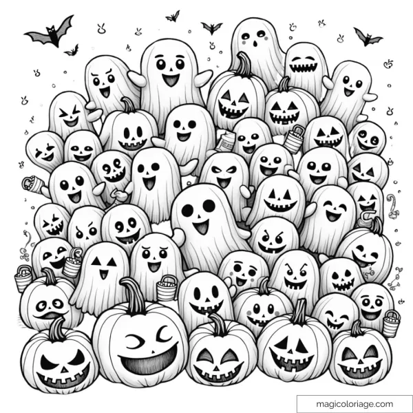 Coloring page of many smiling ghosts and funny pumpkins with bats flying above, ideal for Halloween coloring.