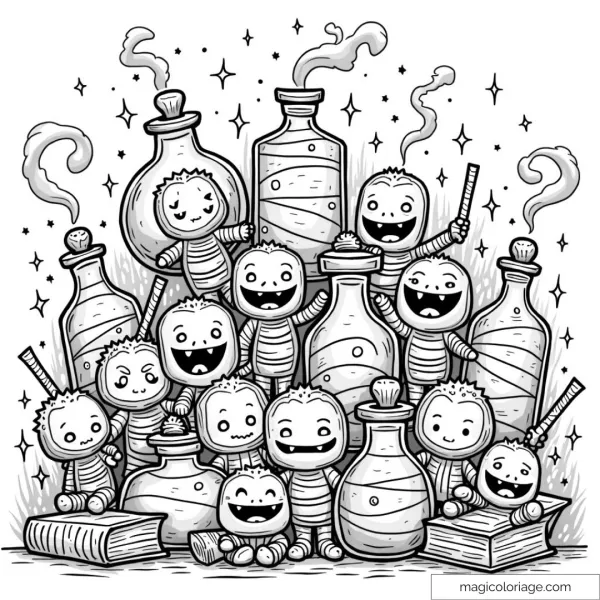 Coloring page of happy little monsters surrounded by steaming bottles of magic potions, ideal for magical and fun coloring.
