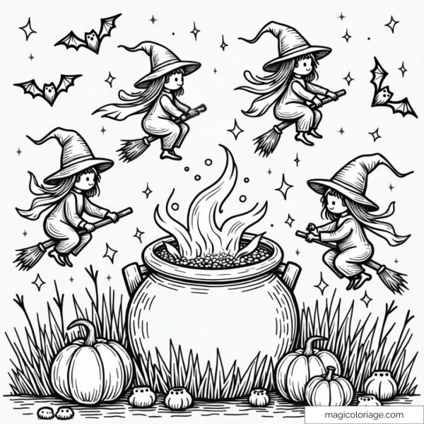 Coloring page of little witches flying around a boiling magic cauldron, with pumpkins and bats in the background.