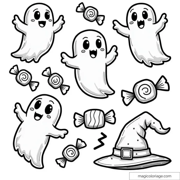 Halloween coloring and cutting drawing with happy little ghosts, candy and a witch's hat, to print for children.