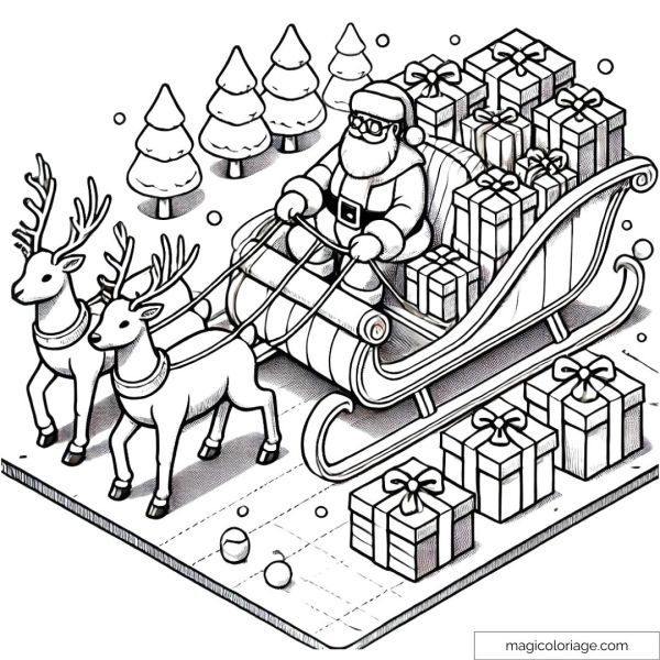 Coloriage traîneau de Noël avec des cadeaux et des rennes. Parfait pour un coloriage facile.
