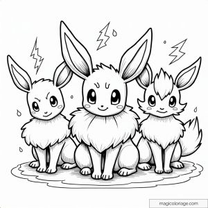 Dessin à colorier de Évoli avec ses évolutions Électhor, Aquali et Pyroli, parfait pour les fans de Pokémon, à imprimer pour une activité créative et amusante.