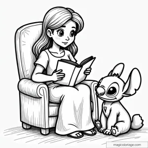 Dessin à colorier de Lilo lisant un livre à Stitch, parfait pour les enfants et les fans de Lilo et Stitch, à imprimer pour un moment calme et créatif.