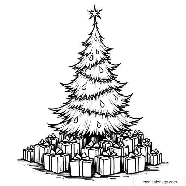 Coloring page of a Christmas tree with garlands and many gifts at its base.