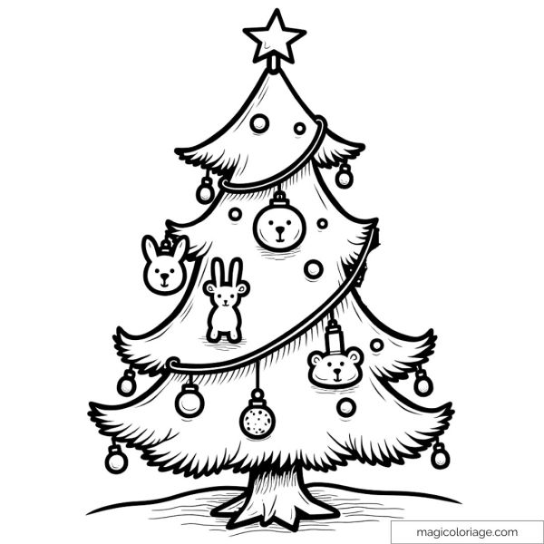 Christmas tree drawing decorated with balls and cute animal faces to color.