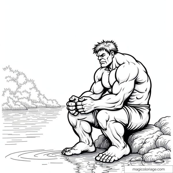 Coloring page of Hulk, pensive and sitting at the edge of a lake, looking at the water, his fists clenched and his muscles tense, in a tranquil landscape.