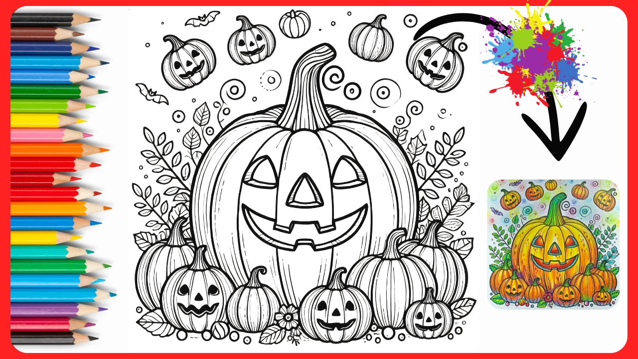 Dessin à colorier de citrouilles d’Halloween joyeuses et effrayantes, avec des feuilles et des tourbillons en arrière-plan. La version colorée montre des citrouilles orange vives avec des ombrages et un fond brumeux
