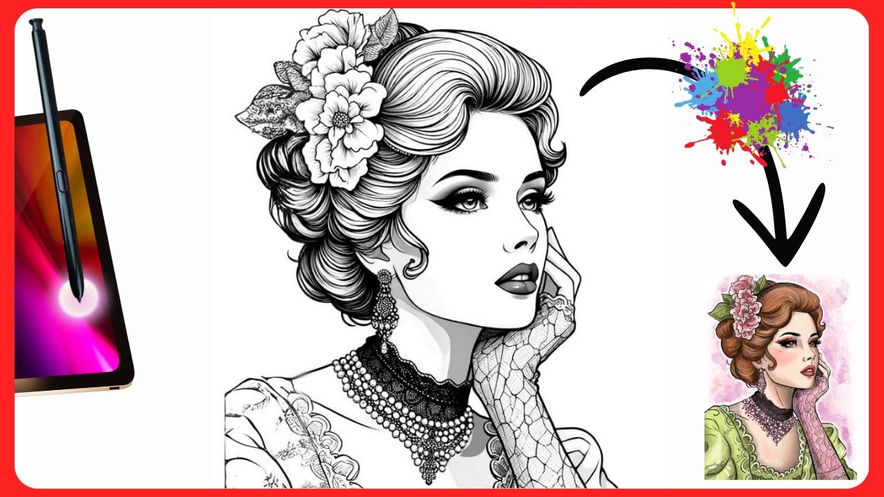 Coloriage numérique d'une élégante dame vintage avec des fleurs dans les cheveux, réalisé sur tablette avec Procreate. Version colorée avec des tons réalistes, une robe verte et un fond aquarelle