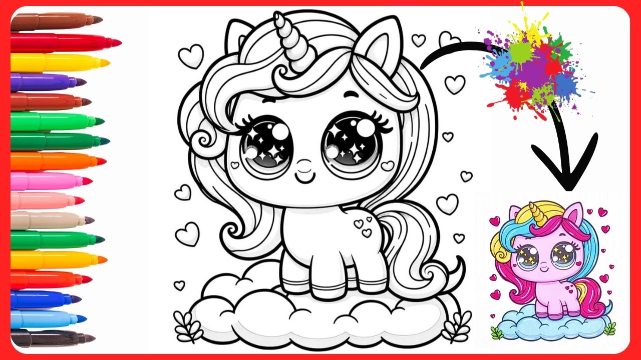 Dessin à colorier d'une licorne mignonne avec des yeux scintillants, posée sur un nuage avec des petits cœurs autour. La version colorée montre une crinière arc-en-ciel et un corps rose avec des reflets lumineux.