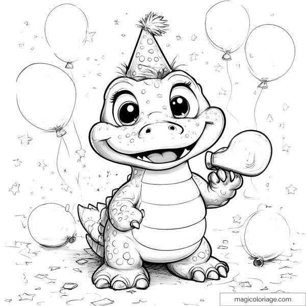 Drawing of a cute crocodile with party hat and balloons