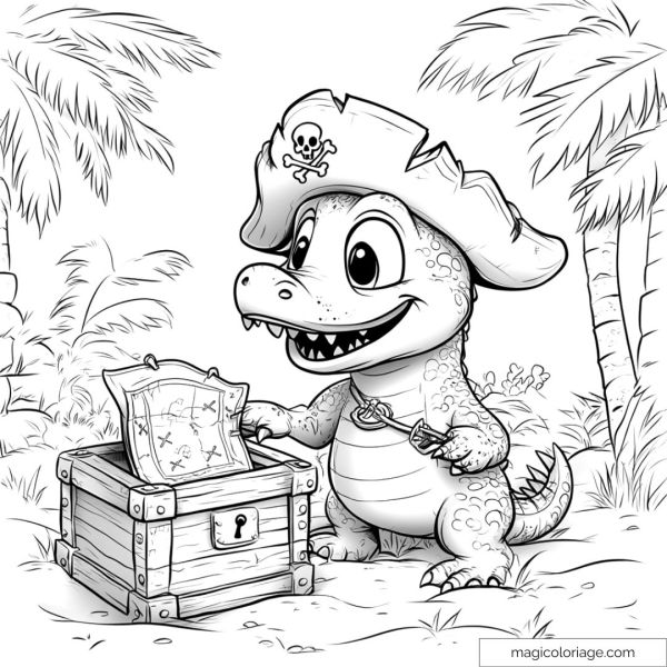 happy pirate crocodile with hat and treasure chest