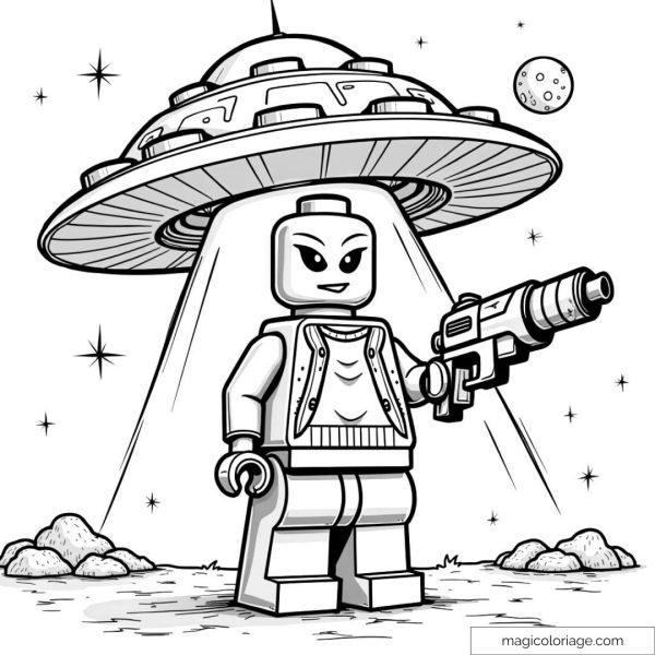 Lego alien character with laser gun under UFO