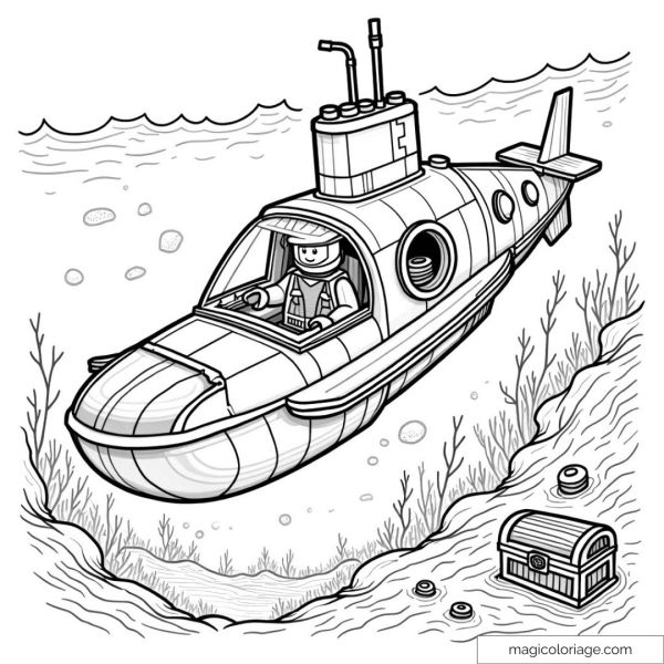 Lego submarine coloring page with underwater treasure