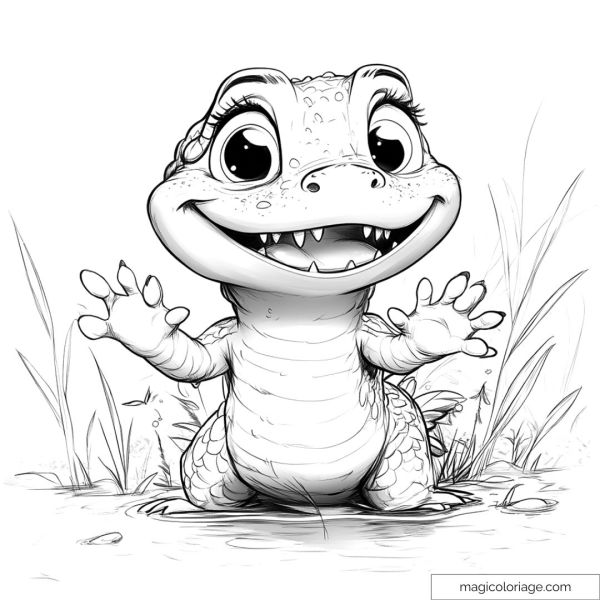 Smiling baby crocodile in the grass for coloring
