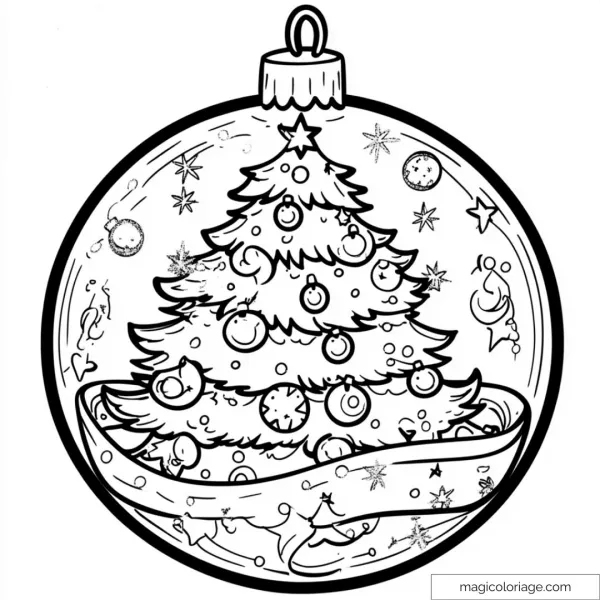 Coloring picture of a Christmas ball with a decorated tree