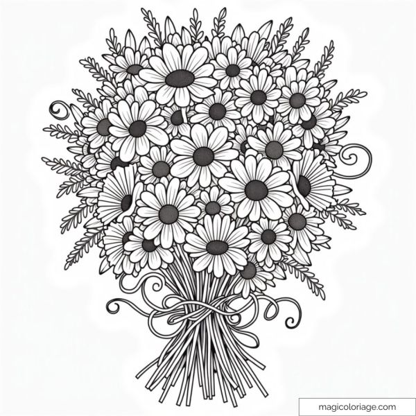 Detailed daisy coloring page with an elegant, floral bouquet.