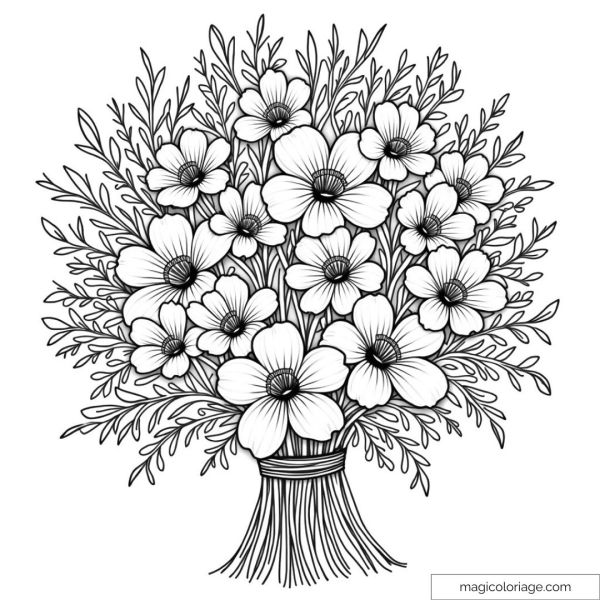 Detailed monochrome flower bouquet drawing for coloring.