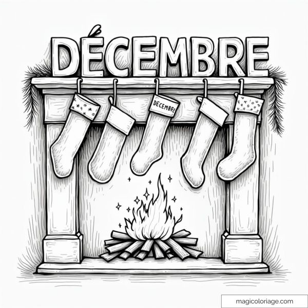 Coloring of Christmas stockings hanging above a fireplace