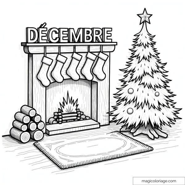 Christmas tree and fireplace drawing with garlands and socks to color.