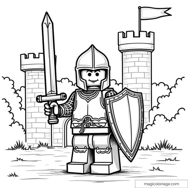 LEGO knight with sword and shield in front of a castle.