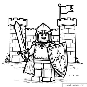 Lego knight with sword and shield in front of a castle