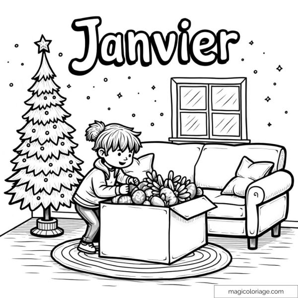 Drawing of a child decorating a tree in a living room for January.