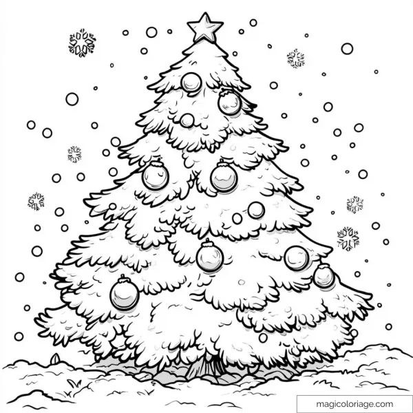 Drawing of a Christmas tree decorated with snowflakes