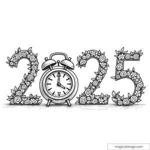 Dessin de 2025 orné de fleurs avec un réveil au centre pour coloriage.