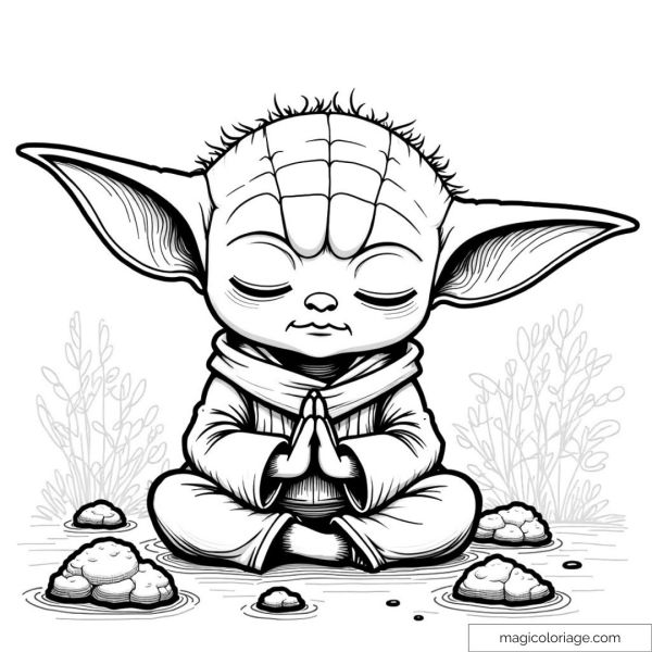 Baby Yoda méditant entouré de pierres et de plantes